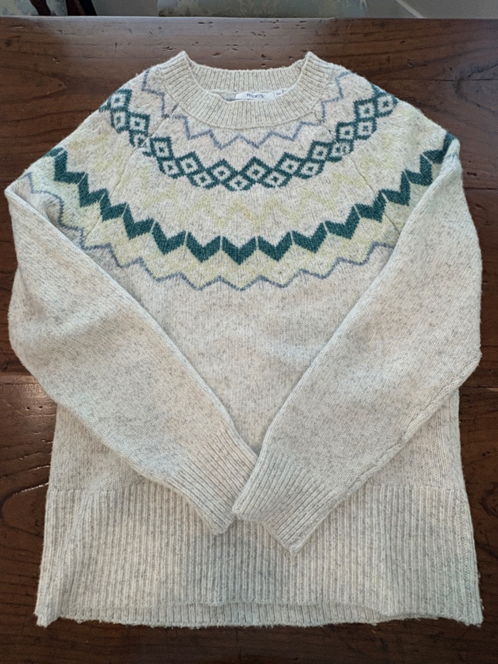 Ricki's Fair Isle Knit Yoke Crewneck Sweater Oatmeal Heather Green Womens Size S